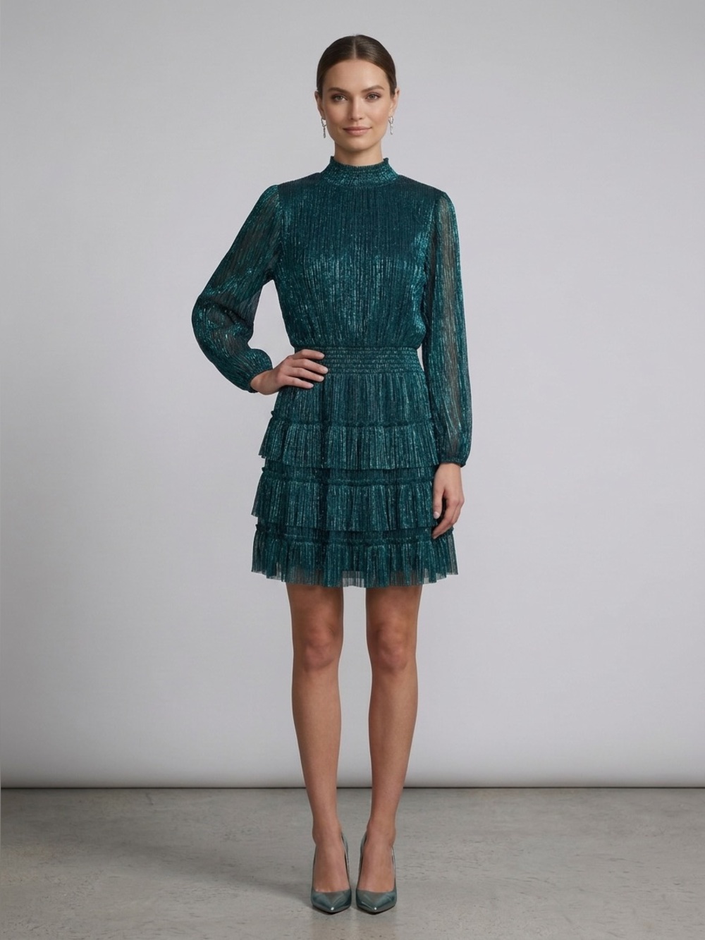 MSK Teal Metallic Tiered Long-Sleeve Mini Dress